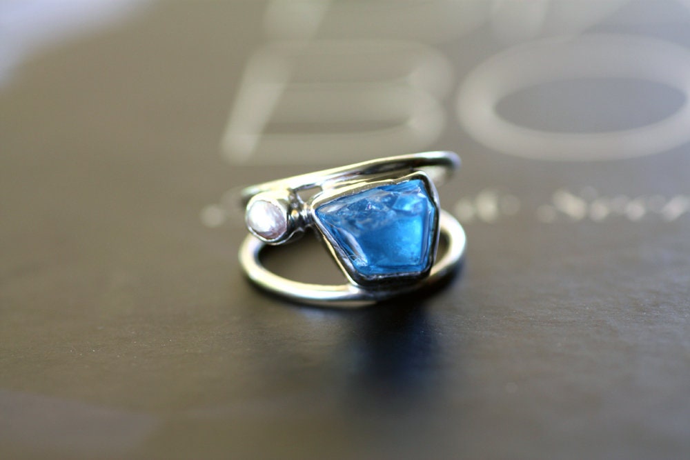 Blue Topaz Pearl handcrafted ring