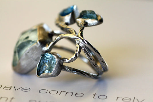 Rough Aquamarine and blue topaz mounted on an amazing handmade statement ring
