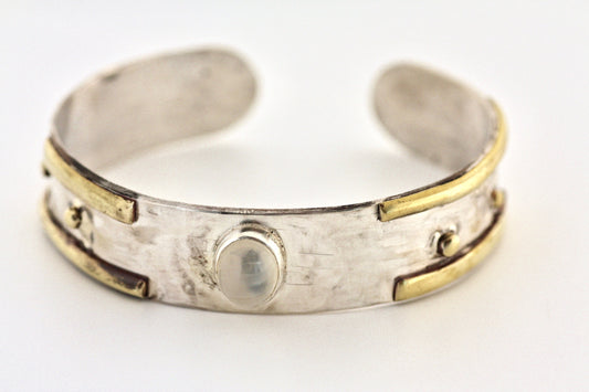 White Moonstone Rustic Sterling Silver and Brass Cuff