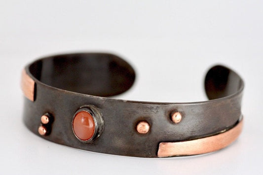 Rustic Sterling Silver and Copper with Peach Moonstone cuff