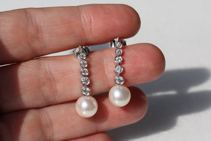 Akoya Pearl and Linear Drop diamonds Bridal earrings