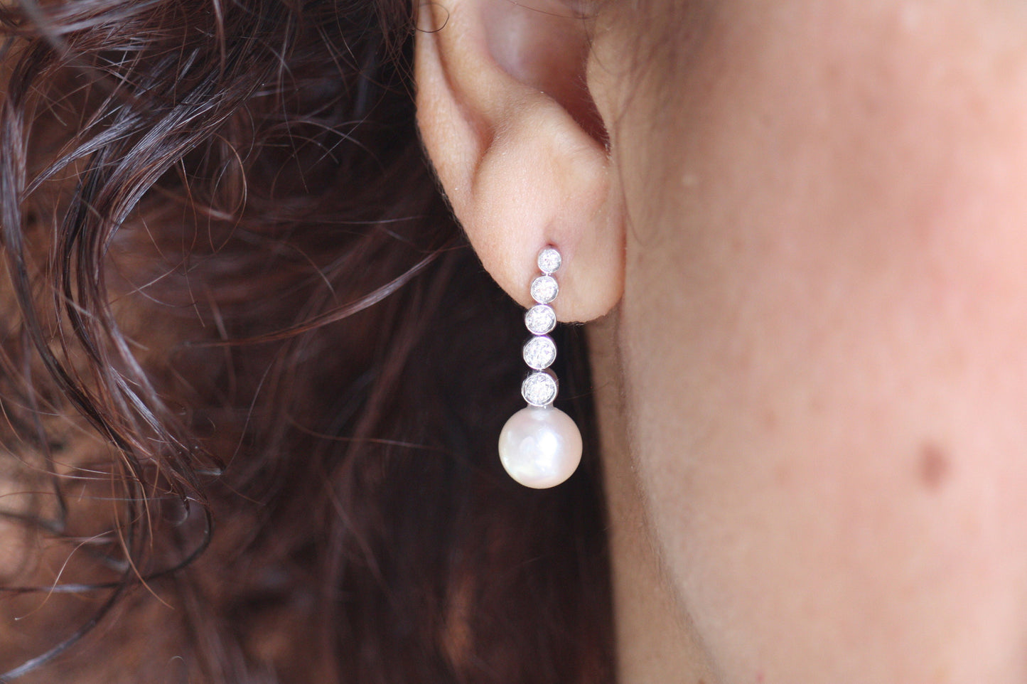 Akoya Pearl and Linear Drop diamonds Bridal earrings