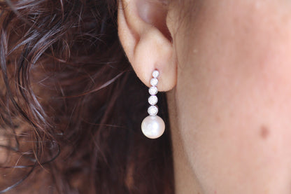 Akoya Pearl and Linear Drop diamonds Bridal earrings