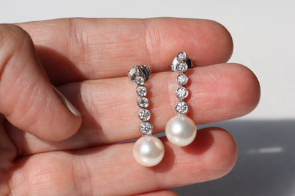 Akoya Pearl and Linear Drop diamonds Bridal earrings