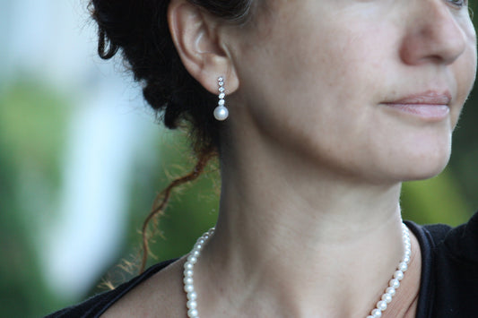 Akoya Pearl and Linear Drop diamonds Bridal earrings