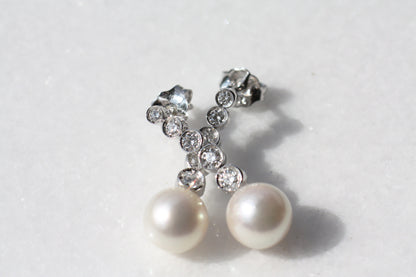 Akoya Pearl and Linear Drop diamonds Bridal earrings