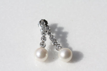 Akoya Pearl and Linear Drop diamonds Bridal earrings