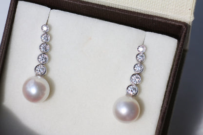 Akoya Pearl and Linear Drop diamonds Bridal earrings