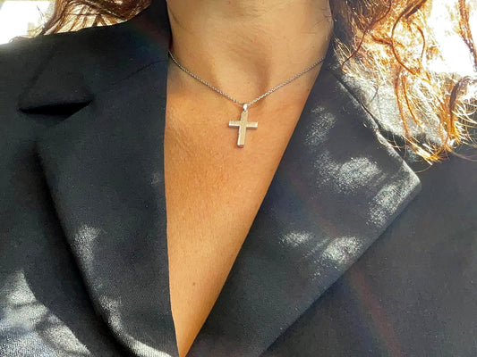 White Gold Cross necklace with Texture for Men, Baptism Christening boy cross