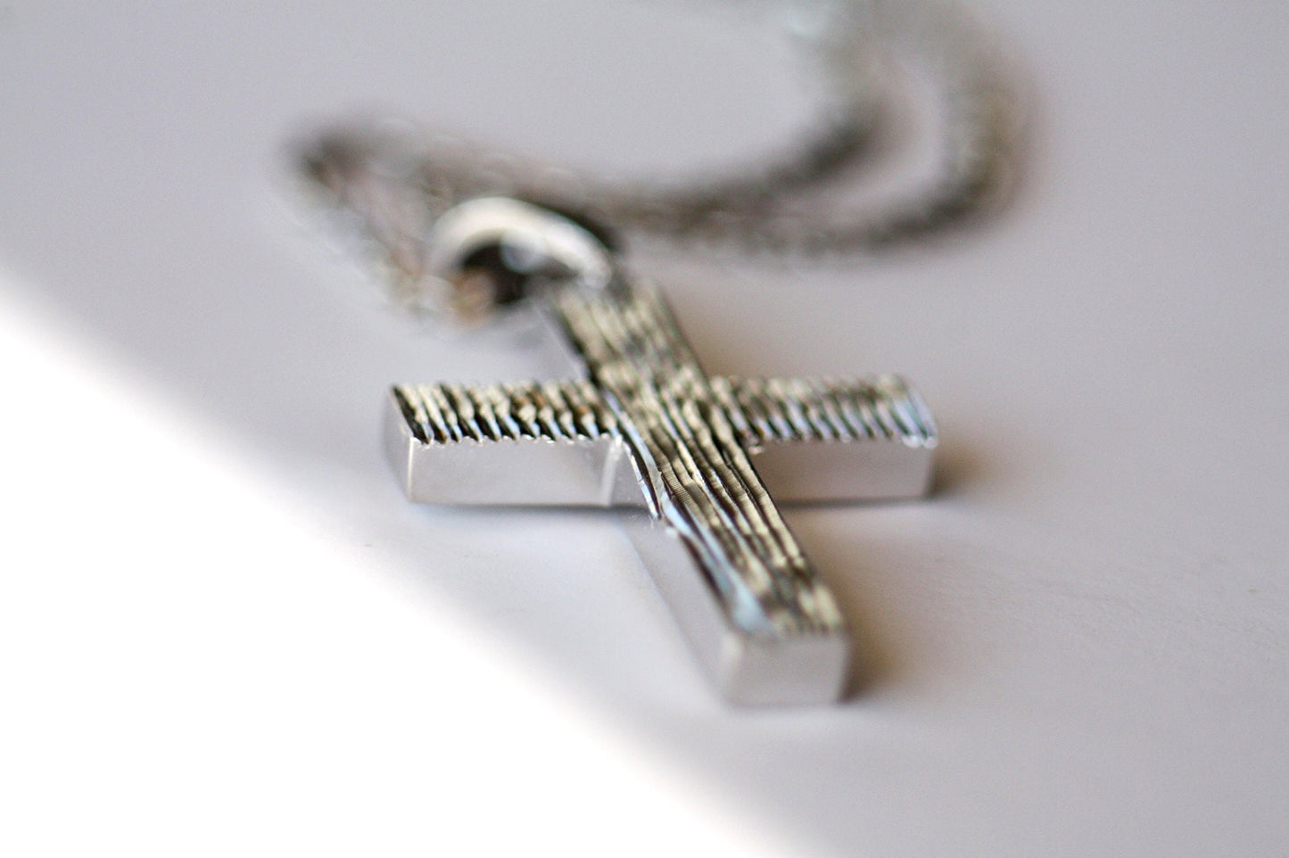 White Gold Cross necklace with Texture for Men, Baptism Christening boy cross