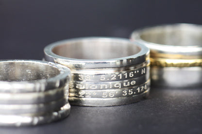 Personalised spinner ring, engraved coordinates