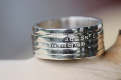 Personalised spinner ring, engraved coordinates