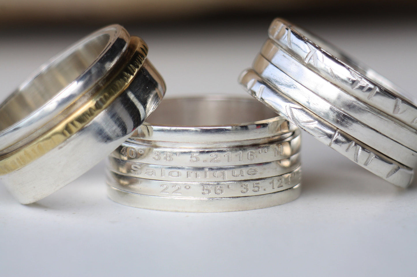 Personalised spinner ring, engraved coordinates