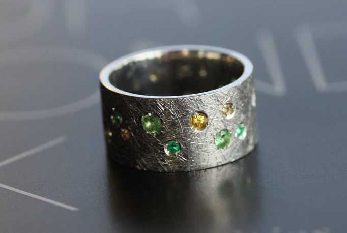Diamonds Sapphires Multi stone Rings / Tsavorite and Emeralds brushed finish ring