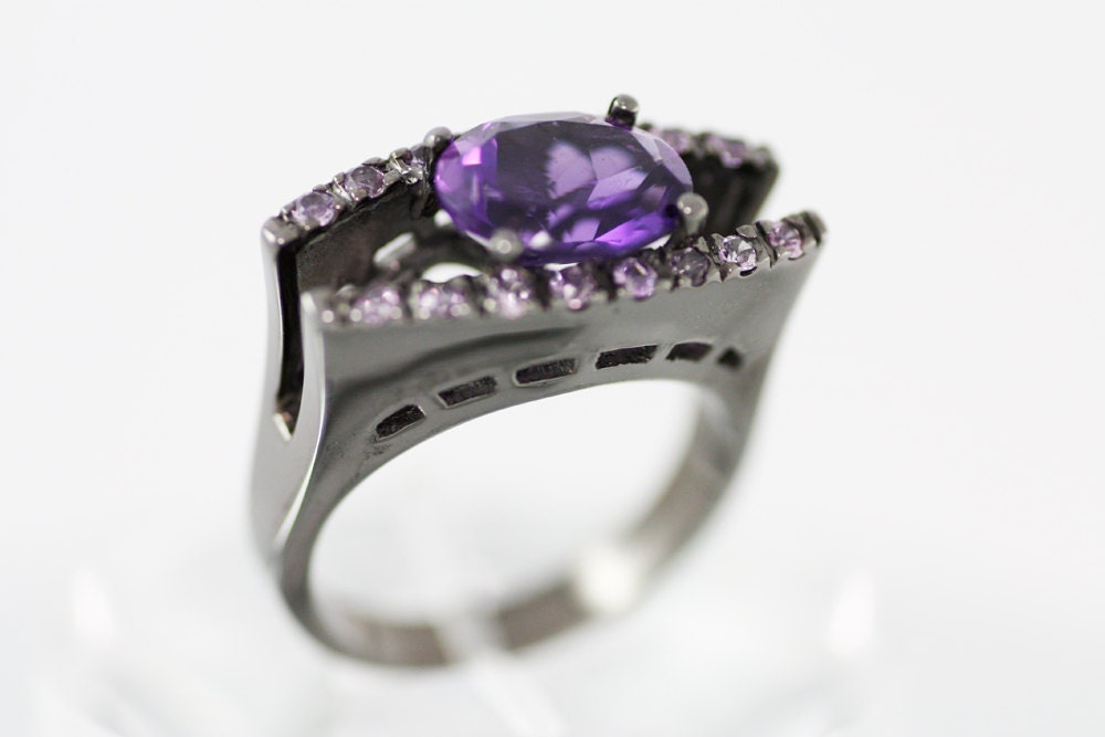 Amethyst and Purple Sapphires mounted on Sterling Silver ring