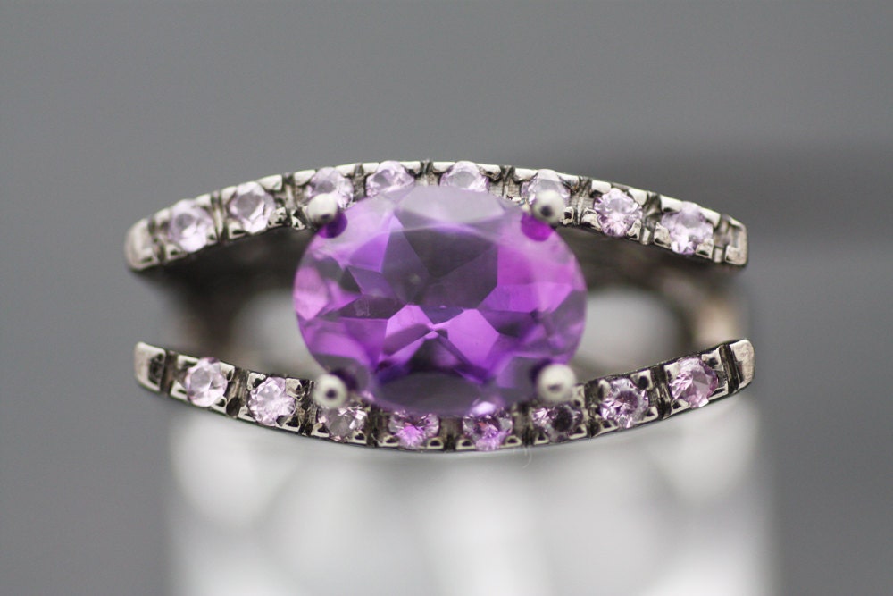 Amethyst and Purple Sapphires mounted on Sterling Silver ring