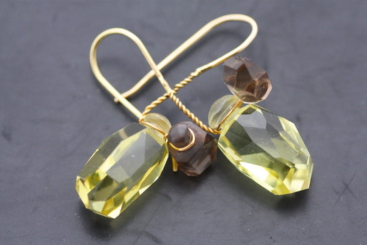 Smoky and Lemon Quartz stones set with Gold K18 on custom made earrings