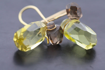 Smoky and Lemon Quartz stones set with Gold K18 on custom made earrings