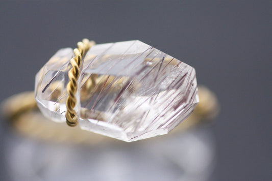 Quartz ring with rutile inclusions set with Gold K18, Totally Handmade