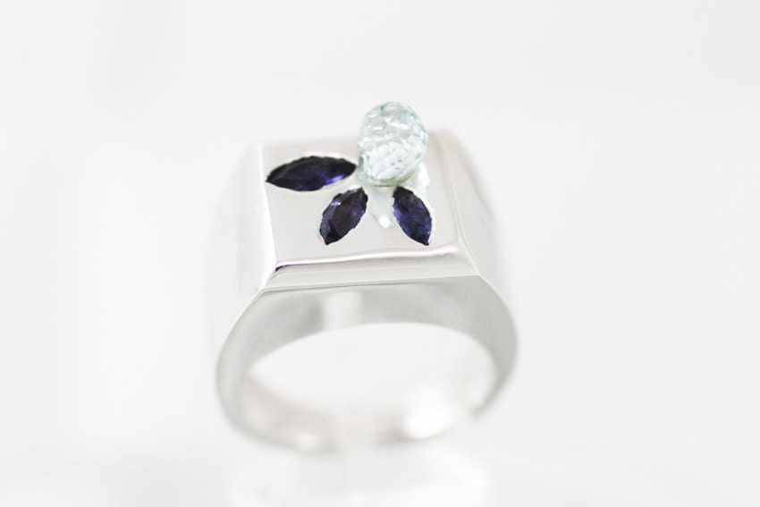 Blue Topaz and Iolites on Sterling Silver ring