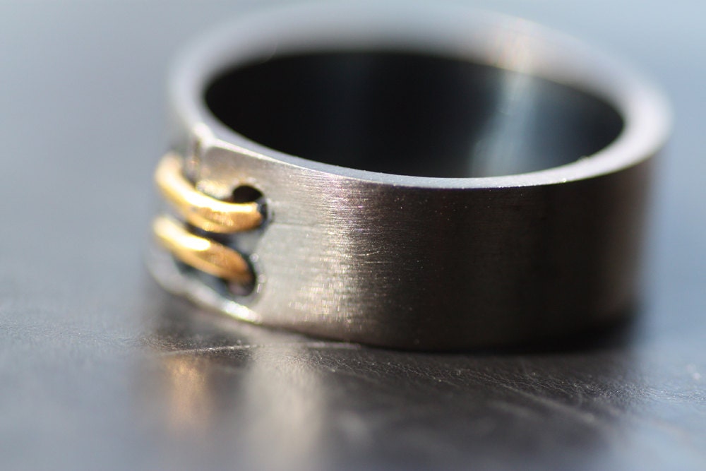 Black silver ring for couples with gold stripes