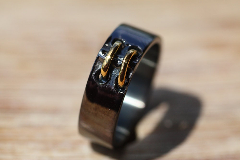 Chunky Wedding ring set, Black Rhodium ring with gold detail