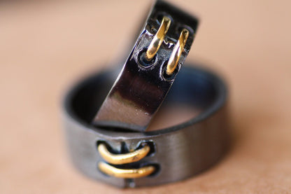 Black silver ring for couples with gold stripes